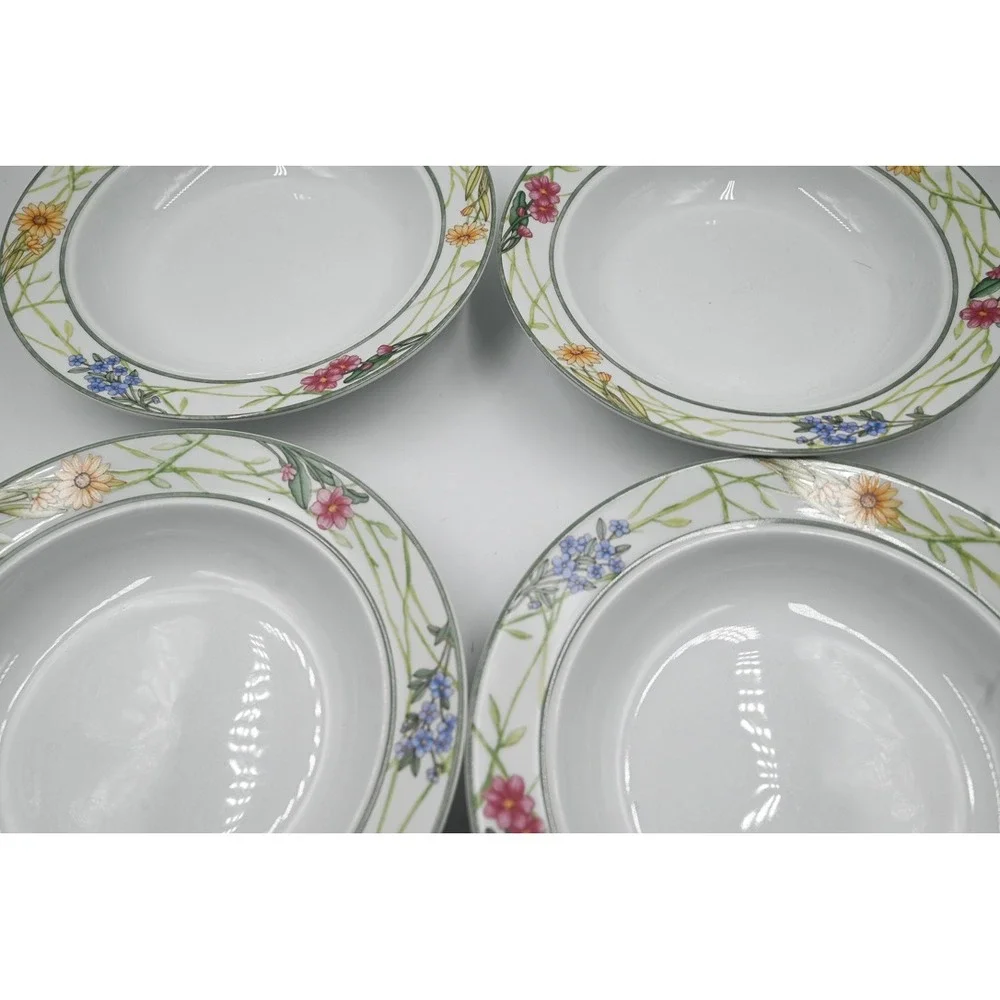 Dansk Cafe Floral Rimmed Soup Bowls Set of 4 Wildflower Porcelain 8.5 Inch